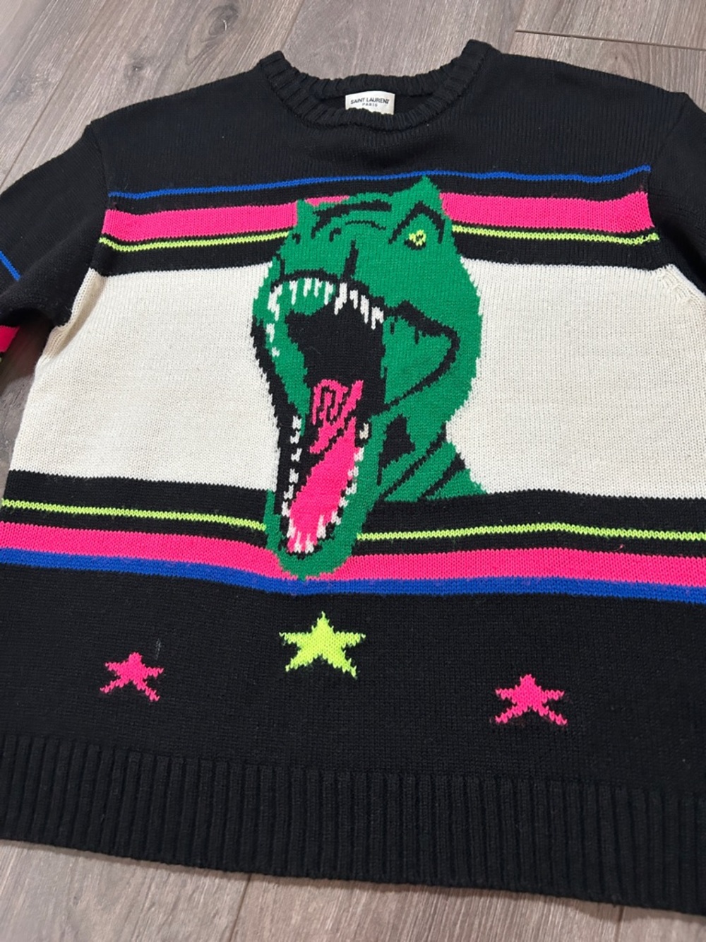 Saint Laurent Black Crewneck Sweater with Green Dinosaur and Pink Accents